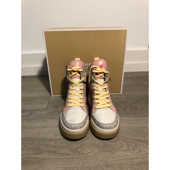 PERFECTION NEW MICHAEL KORS MATSON HIGH TOP CANVAS SNEAKERS PINK MULTI $225 S7.5 - Picture 11 of 12